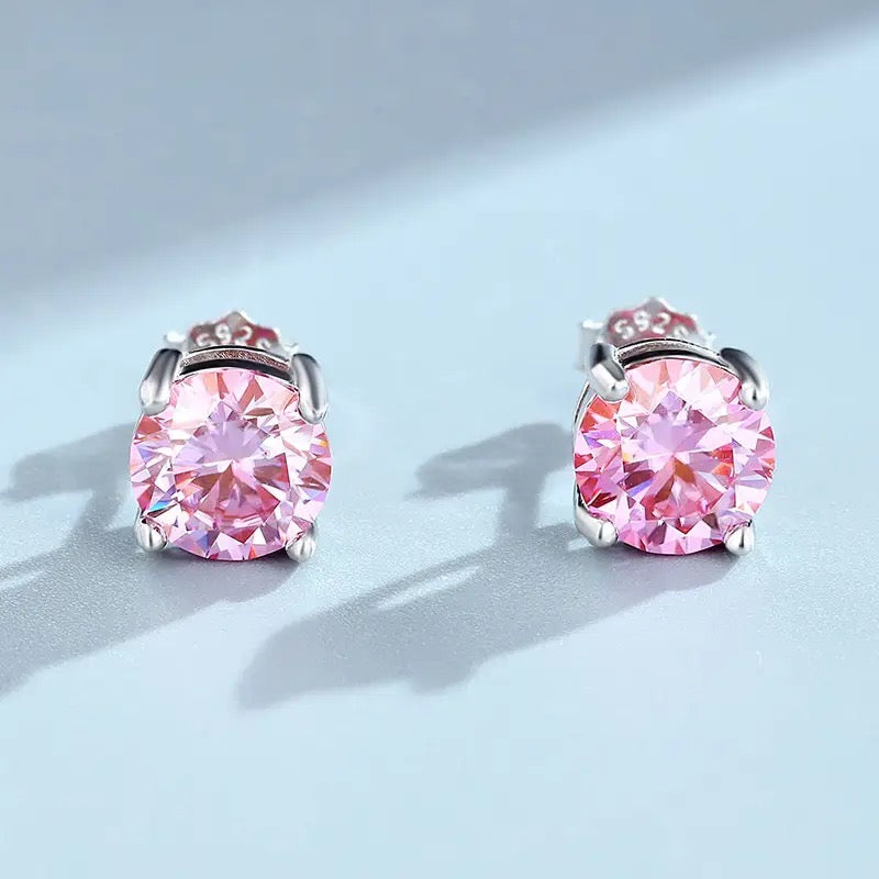 Pink Moissanite Round Stud Earrings 925 Silver