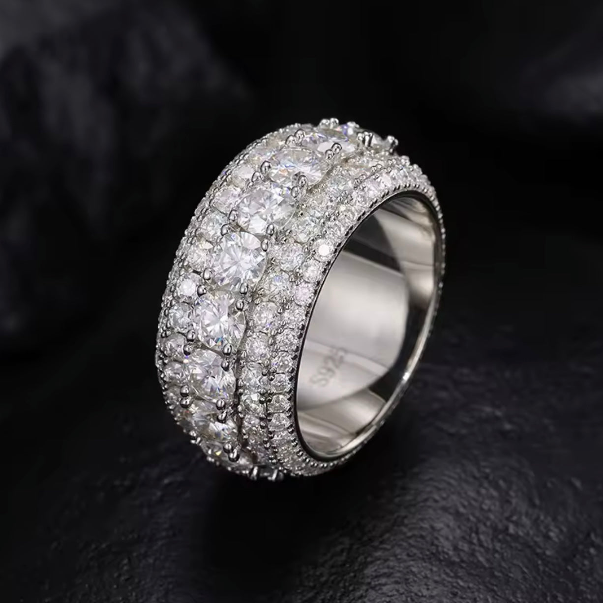 Round Cut Multi-Layer Iced Out Moissanite Ring .925 Silver