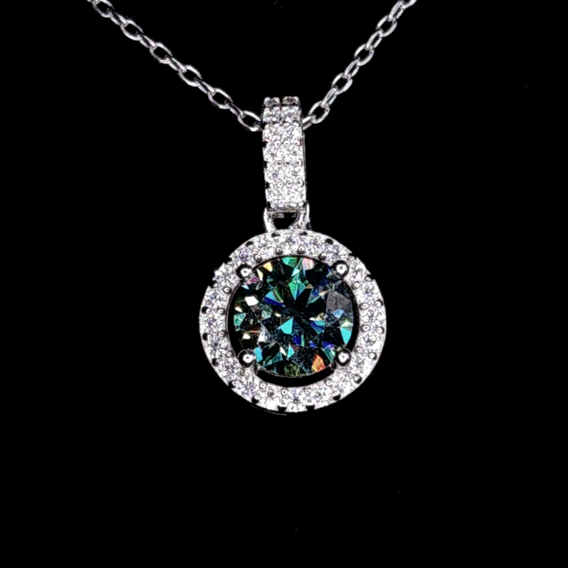 Aqua Blue Moissanite Halo Pendant Close Up