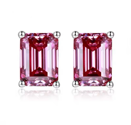 Pink Emerald Cut Moissanite Stud Earrings 1-2ct 925 Silver