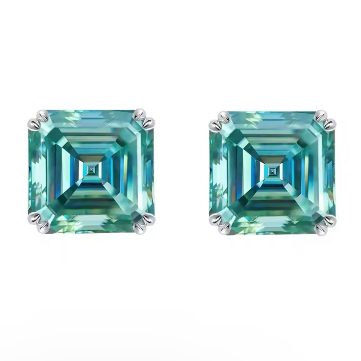 Aqua Blue Asscher Cut Moissanite Stud Earrings Silver (1ct-2ct)