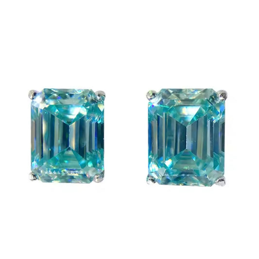 Aqua Blue Emerald Cut Moissanite Stud Earrings 1-2ct 925 Silver