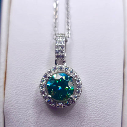 "Ocean Eye" Aqua Moissanite Halo Set Pendant Necklace With Chain 925 Silver