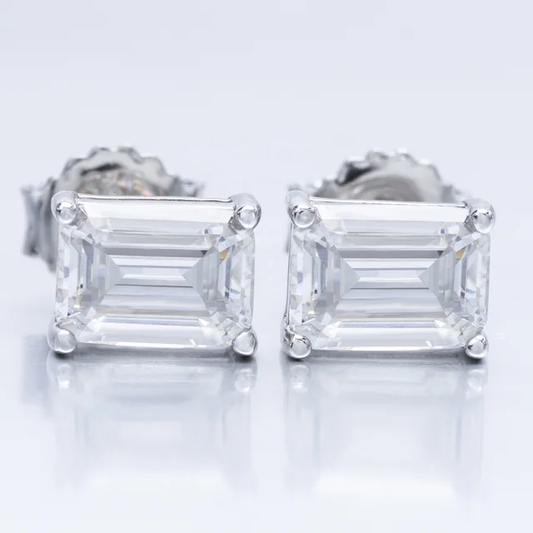 Emerald Cut Moissanite Earrings Front Silver