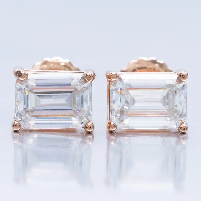 Emerald Cut Moissanite Earrings Front Rose